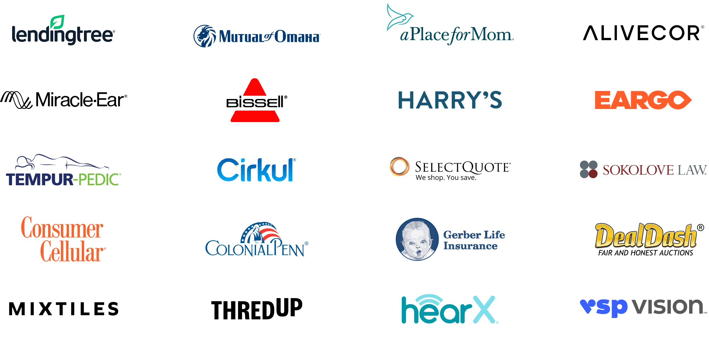 Client Logos: Consumer Cellular, Headspace, Kindred at Home, Mutual of Omaha, ColonialPenn, Nature Made, Gerber Life Insurance, Eargo, Miracle-Ear, MRHFM, USAA, Lifepoint Health, APlaceForMom, Lending Tree, Cleveland Clinic, ChenMed, Intune Health, Coventry Direct, Wellpoint Care Network